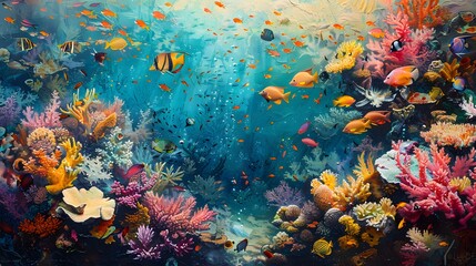A living coral reef teeming with life, featuring a variety of textured coral formations