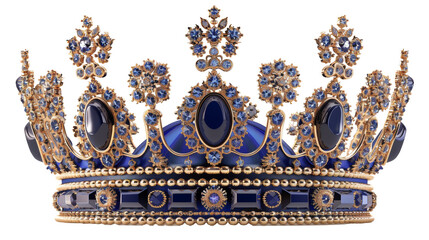 Obraz premium Elegant blue and gold royal crown with sapphires isolated on transparent background png