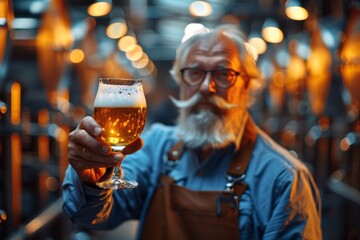 An elderly brewer with a white beard showcasing a glass of beer in a brewing facility