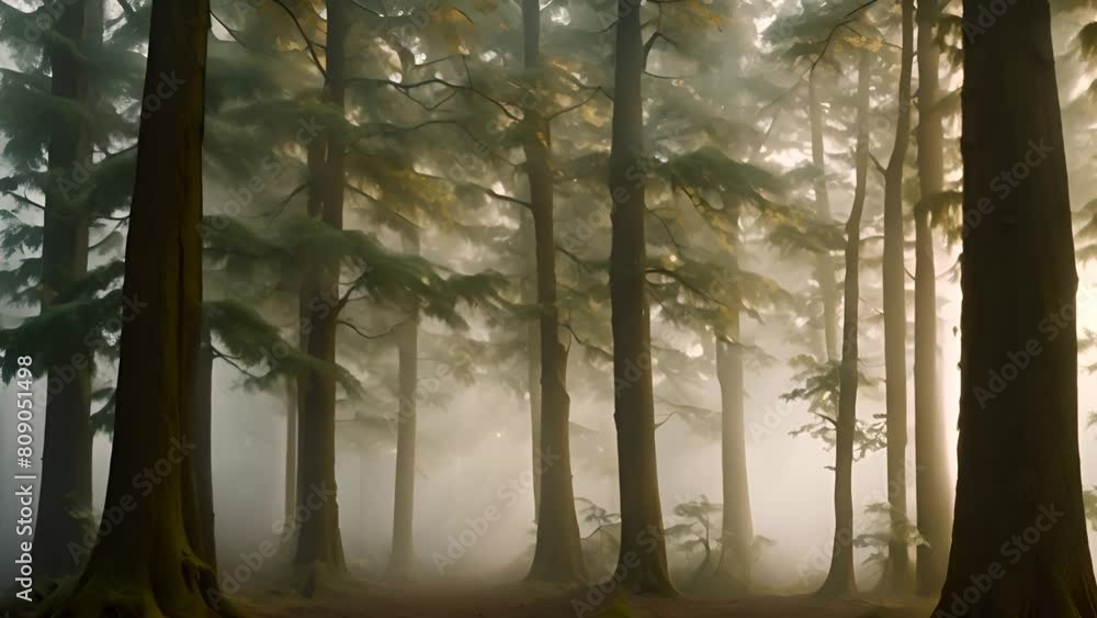 Poster misty forest with dense trees generative ai