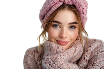 woman in christmas mittens looking away on isolated transparent background