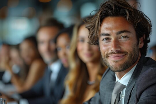 Sharp-dressed young businessman focusing at a business conference - Powered by Adobe