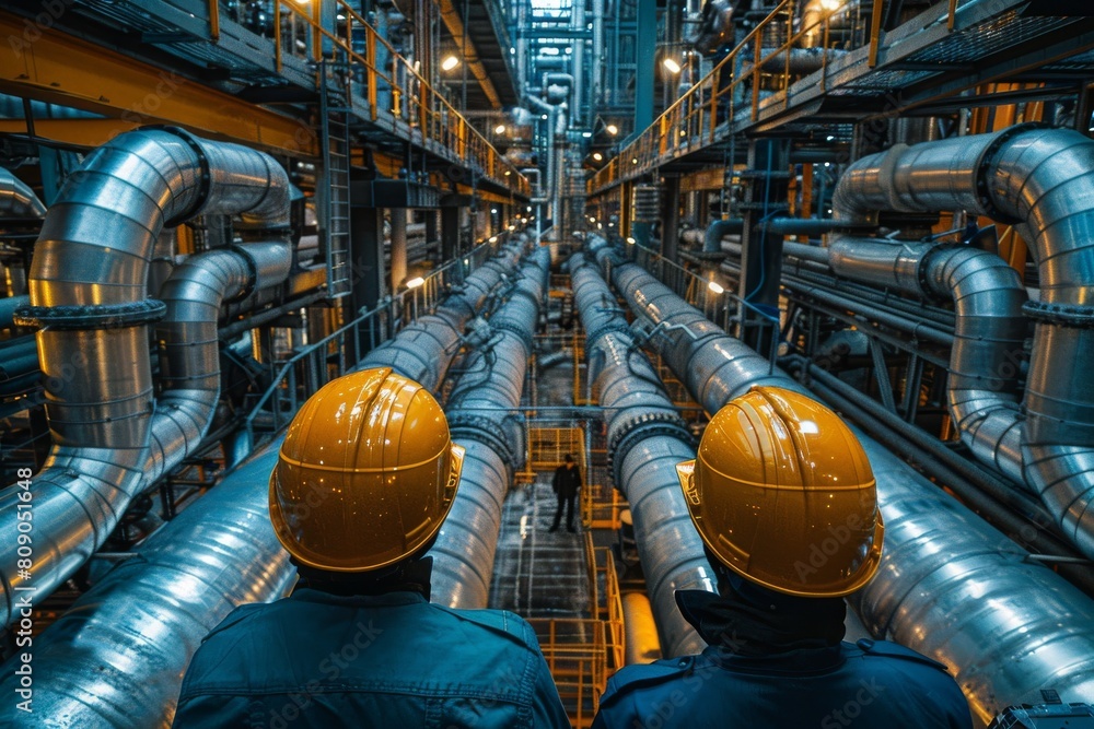 Poster two engineers in hard hats are standing and looking at the complex pipework of a modern industrial p