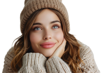 woman in christmas mittens looking away on isolated transparent background