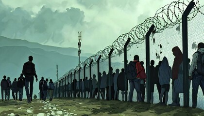 A line of people stands near a high fence with barbed wire