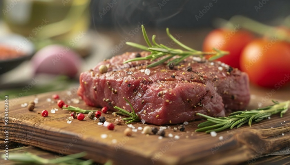 Wall mural fresh steak seasoned with rosemary, served on a wooden board