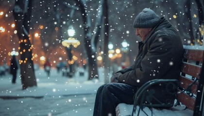 In a snowy city park on Christmas Eve, an old man sits thoughtfully on a bench - Powered by Adobe