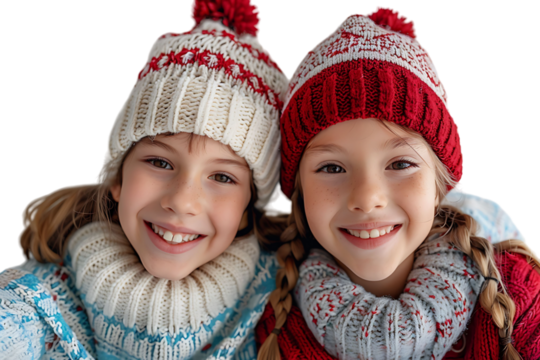 Photo of two positive kids relatives hug take selfie beaming smile wear xmas hat jumper on isolated transparent background
