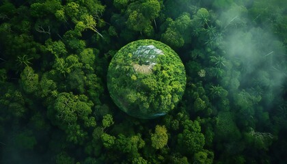 Forest canopy next to a planetary globe, representing a thriving rainforest ecosystem