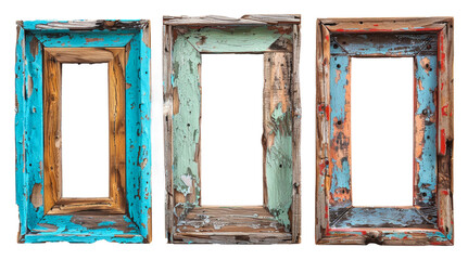 Colorful distressed wooden frames for home decoration isolated on transparent background png