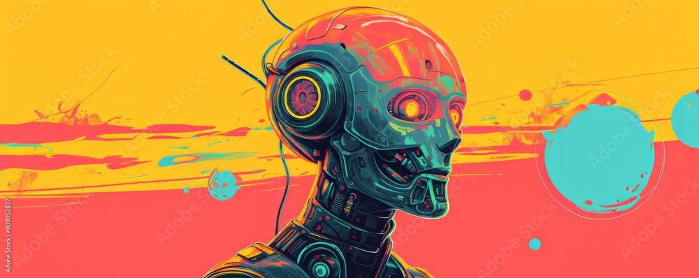 Poster colorful futuristic robot head with abstract background