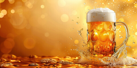 Beer Splash on Table with Golden Lights in Background