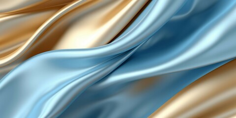 水色と金色のメタリックな布の曲線的な背景。立体的な抽象横長バナー