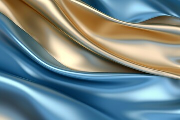 水色と金色のメタリックな布の曲線的な背景。立体的な抽象バナー