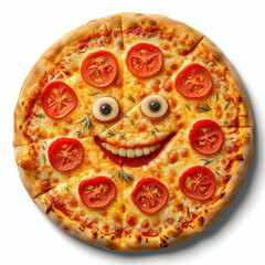 Delicious pizza with happy face made out of tomatoes and cheese, symbolizing joy and fun