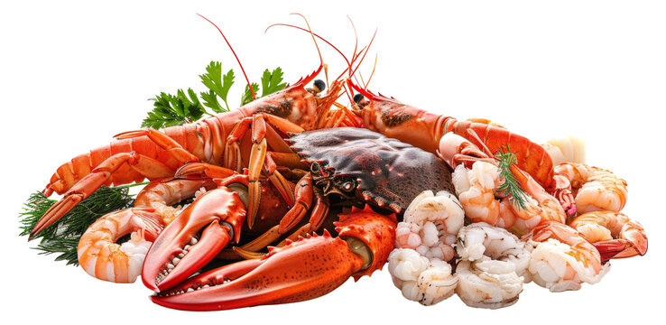 Fresh seafood platter with lobster, shrimp, and crab isolated on transparent background png