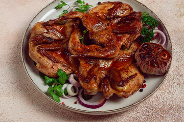 fried, quail meat, tobacco (tapaka), with spices, homemade, no people,