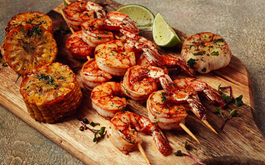 tiger prawns on skewers, shrimp kebab, with corn, fried, homemade, no people,