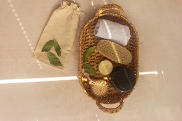 Natural Spa Set with bristle brush. Dry body brushing, Ayurvedic wellness concept, Relaxing...