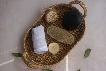 Natural Spa Set with bristle brush. Dry body brushing, Ayurvedic wellness concept, Relaxing...