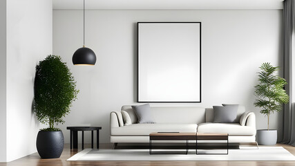 Blank modern photo frame wall in modern living room, and small tree, mini sofa chair