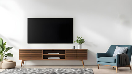 Blank modern flat screen TV on wall in modern living room, and small tree, mini sofa chair