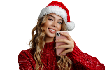 Woman in santa hat and sweater makes selfie on isolated transparent background
