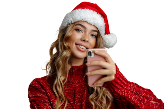 Woman in santa hat and sweater makes selfie on isolated transparent background