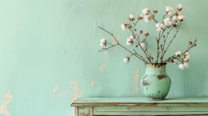 A vintage-inspired metal vase with distressed patina, showcasing a bunch of pastel cotton stems, displayed on a pastel cream-colored sideboard against a soft mint green background, exuding a shabby 
