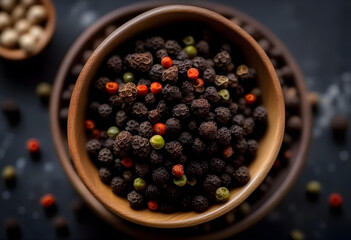 A black peppercorns in a wooden bowl on a rustic black background