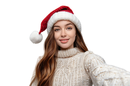 Woman in santa hat and sweater makes selfie on isolated transparent background