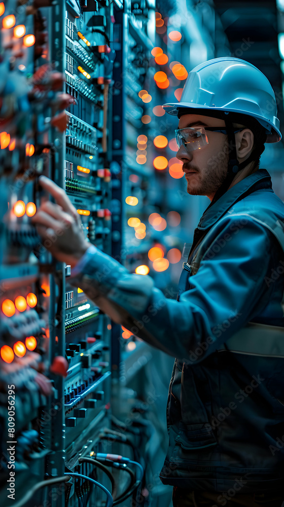 Poster photo realistic of electrical engineer configuring control system for manufacturing plant automation