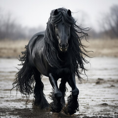 A beautiful Friesian horse with long flowing mane and tail, galloping through the water.