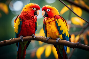 A pair of parrots sitting on a branch in front of a blurred background of colorful leaves.