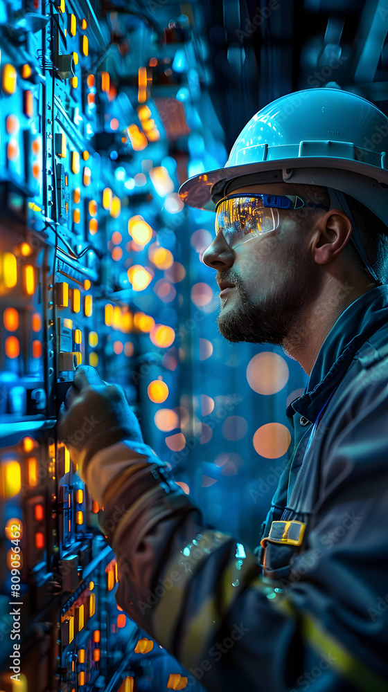 Poster electrical engineer configuring control system for manufacturing plant automation protocols alignmen