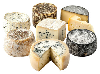 Assorted gourmet cheeses with blue cheese and camembert isolated on transparent background png