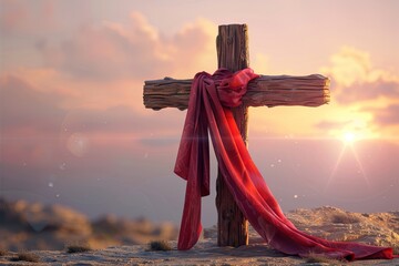 Luxurious Red Cloth Adorning Majestic Wooden Cross in Glowing Enchanting Sunset 3D Rendering