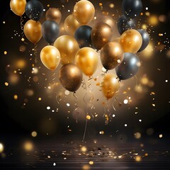 Celebration background with confetti and gold balloons. Generative AI.