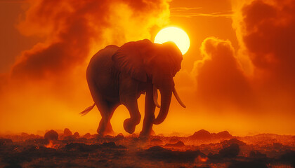 Silhouette of elephant walking by African Savanah against a fiery sunset creates dramatic and majestic scene in the desert. Beauty in nature and animals natural wildlife habitat concept