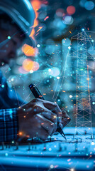 Dynamic Power Grid Simulation Concept with Electrical Engineer Designing Renewable Energy Integration for Voltage Stability and Grid Resilience