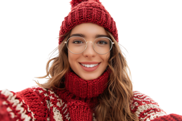 Woman in santa hat and sweater makes selfie on isolated transparent background