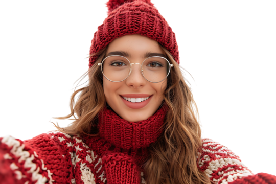 Woman in santa hat and sweater makes selfie on isolated transparent background
