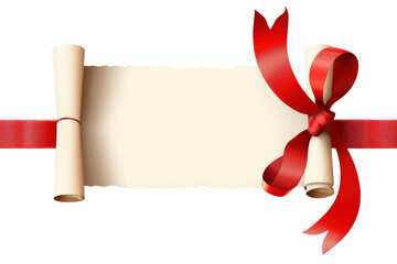 A red ribbon is tied around a white scroll that is folded in half