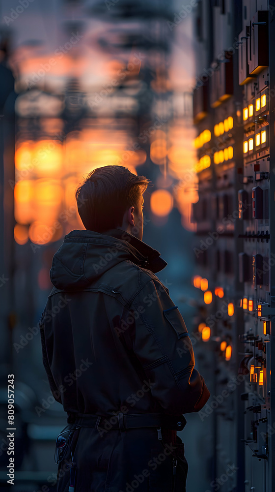 Poster professional electrical engineer inspecting circuit board for optimal functionality and circuit stab