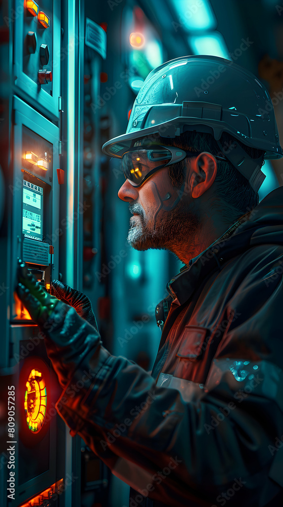 Poster skilled electrical engineer installing smart meter for precise energy management and billing monitor