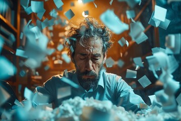 Amidst a chaotic whirlwind of papers, a man appears stressed and overwhelmed, conveying a sense of urgency and disarray