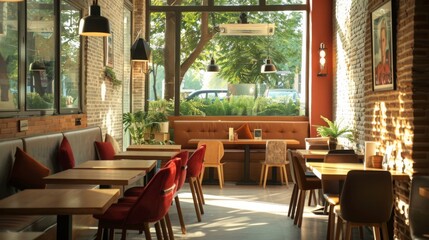 Warm sunlight filters through large windows, illuminating a cafes comfortable seating and brick wall decor.