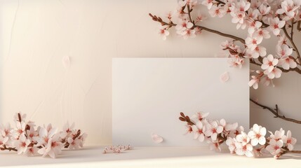 Front view blank greeting card wedding invitation with pink cherry blossom flower branches on white wall background. Mockup minimal birthday template