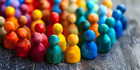 Diverse Wooden Figurines Representing Inclusive Community and Collaborative Leadership in Vibrant Colors