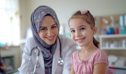 Young girl standing beside pediatrician wearing a hijab, smiling brightly while looking over shoulder in child-friendly pediatric healthcare clinic in Middle Eastern country. Kids health concept image